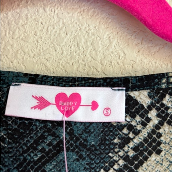 NWT Buddy Love Tie Front Split Bell Sleeve Blue and Beige Snake Print Blouse S - Picture 3 of 8